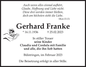 Traueranzeige von Gerhard Franke  von Magdeburger Volksstimme