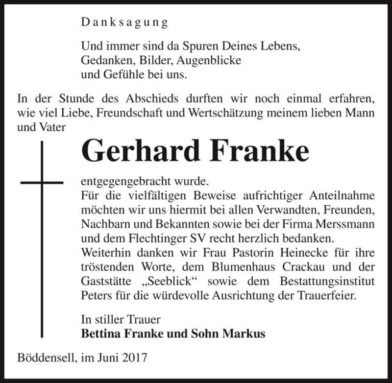  Traueranzeige für Gerhard Franke  vom 09.06.2017 aus Magdeburger Volksstimme