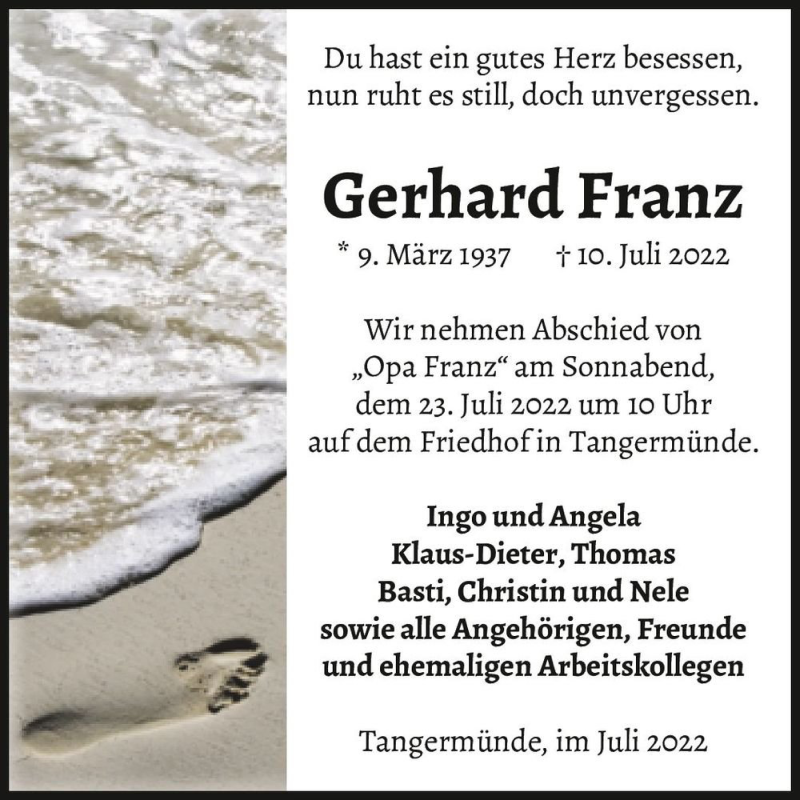  Traueranzeige für Gerhard Franz  vom 15.07.2022 aus Magdeburger Volksstimme