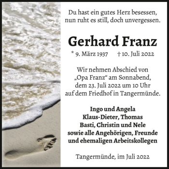 Traueranzeige von Gerhard Franz  von Magdeburger Volksstimme