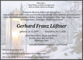 Traueranzeige von Gerhard Franz Lüftner  von Magdeburger Volksstimme