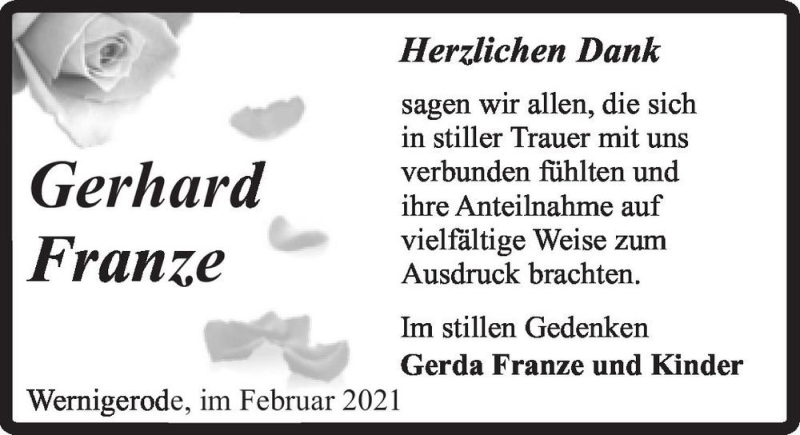  Traueranzeige für Gerhard Franze  vom 06.02.2021 aus Magdeburger Volksstimme
