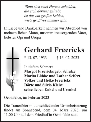 Traueranzeige von Gerhard Freericks  von Magdeburger Volksstimme