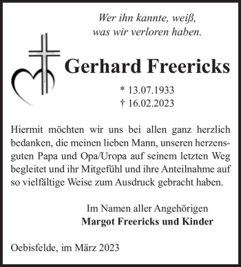 Traueranzeige von Gerhard Freericks  von Magdeburger Volksstimme