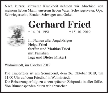 Traueranzeige von Gerhard Fried  von Magdeburger Volksstimme