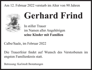 Traueranzeige von Gerhard Frind  von Magdeburger Volksstimme