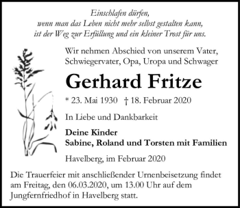 Traueranzeige von Gerhard Fritze  von Magdeburger Volksstimme