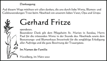 Traueranzeige von Gerhard Fritze  von Magdeburger Volksstimme