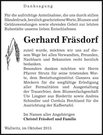 Traueranzeige von Gerhard Fräsdorf  von Magdeburger Volksstimme