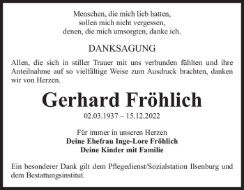 Traueranzeige von Gerhard Fröhlich  von Magdeburger Volksstimme