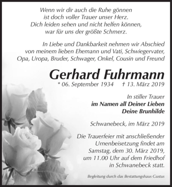Traueranzeige von Gerhard Fuhrmann  von Magdeburger Volksstimme
