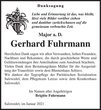 Traueranzeige von Gerhard Fuhrmann  von Magdeburger Volksstimme