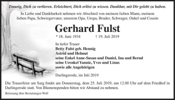 Traueranzeige von Gerhard Fulst  von Magdeburger Volksstimme