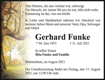 Traueranzeige von Gerhard Funke  von Magdeburger Volksstimme
