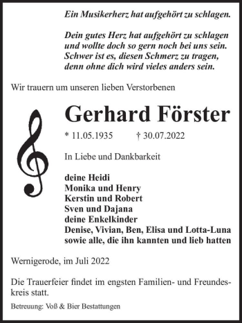 Traueranzeige von Gerhard Förster  von Magdeburger Volksstimme