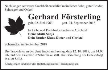 Traueranzeige von Gerhard Försterling  von Magdeburger Volksstimme