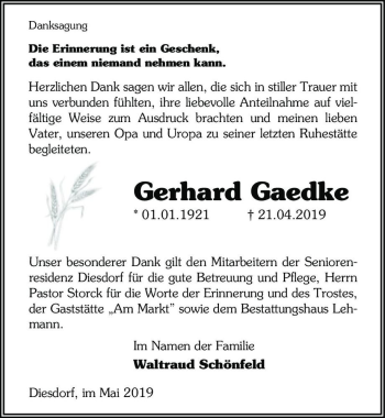 Traueranzeige von Gerhard Gaedke  von Magdeburger Volksstimme