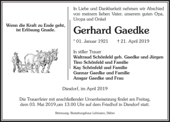 Traueranzeige von Gerhard Gaedke  von Magdeburger Volksstimme