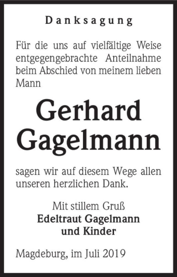 Traueranzeige von Gerhard Gagelmann  von Magdeburger Volksstimme