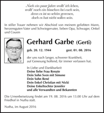 Traueranzeige von Gerhard Garbe (Gerti)  von Magdeburger Volksstimme