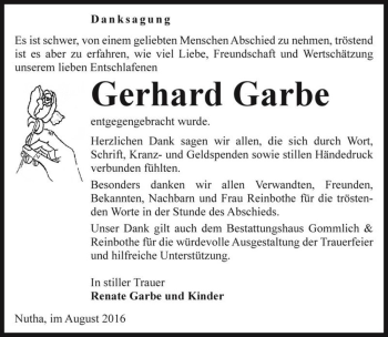 Traueranzeige von Gerhard Garbe  von Magdeburger Volksstimme