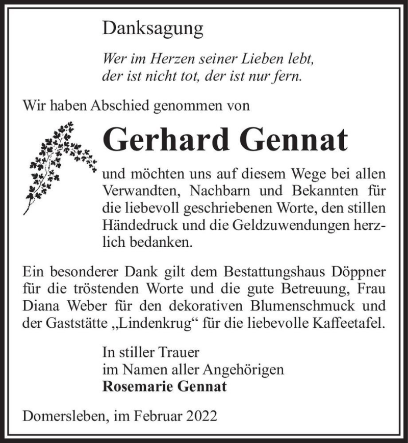  Traueranzeige für Gerhard Gennat  vom 19.02.2022 aus Magdeburger Volksstimme