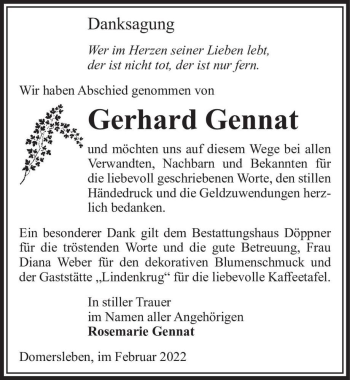 Traueranzeige von Gerhard Gennat  von Magdeburger Volksstimme