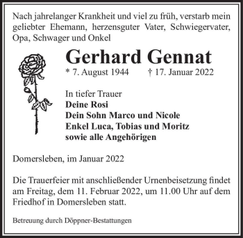 Traueranzeige von Gerhard Gennat  von Magdeburger Volksstimme