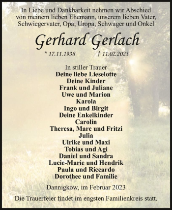 Traueranzeige von Gerhard Gerlach  von Magdeburger Volksstimme