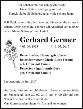 Traueranzeige von Gerhard Germer  von Magdeburger Volksstimme
