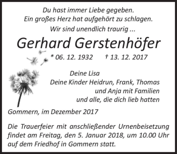 Traueranzeige von Gerhard Gerstenhöfer  von Magdeburger Volksstimme