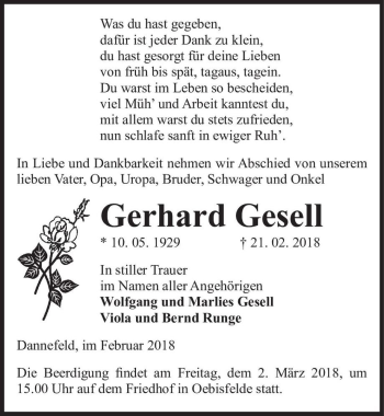 Traueranzeige von Gerhard Gesell  von Magdeburger Volksstimme