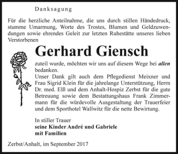 Traueranzeige von Gerhard Giensch  von Magdeburger Volksstimme