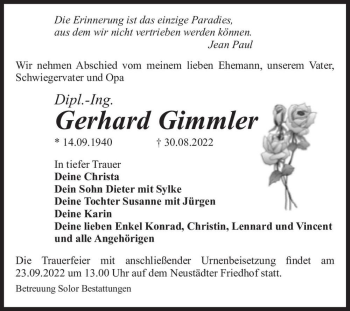 Traueranzeige von Gerhard Gimmler  von Magdeburger Volksstimme