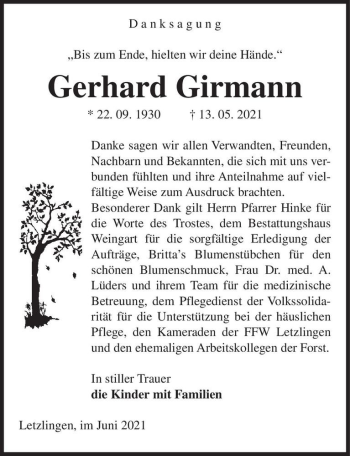 Traueranzeige von Gerhard Girmann  von Magdeburger Volksstimme