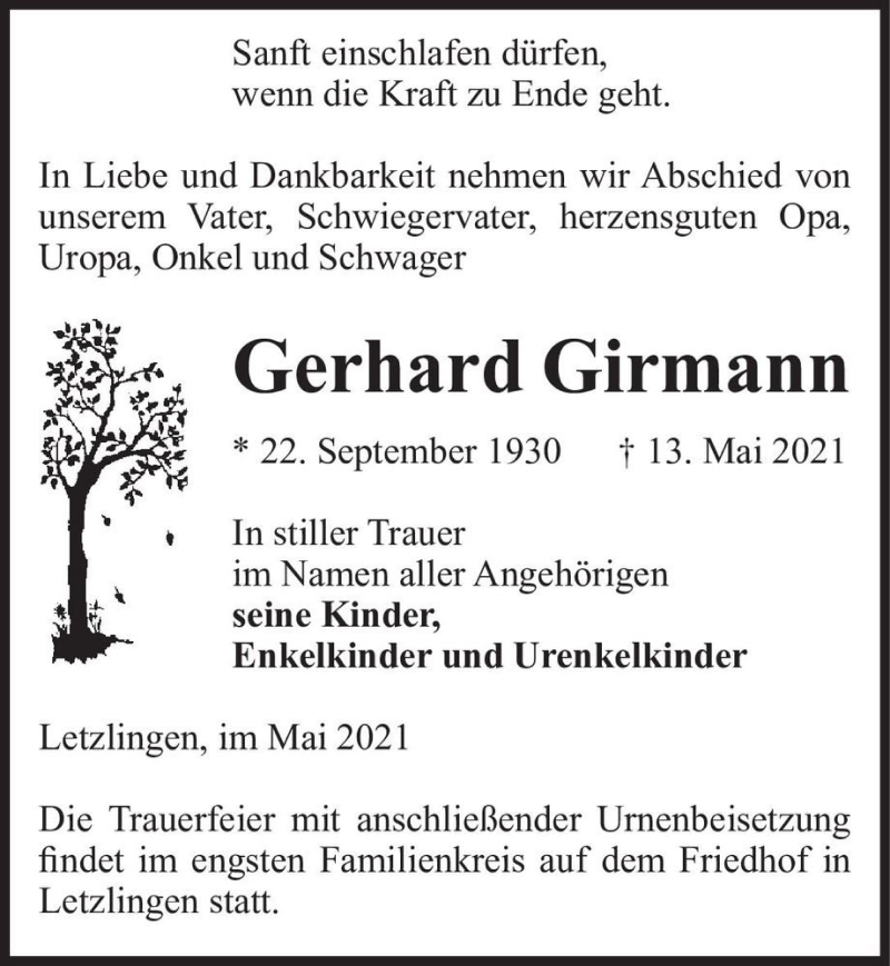  Traueranzeige für Gerhard Girmann  vom 15.05.2021 aus Magdeburger Volksstimme