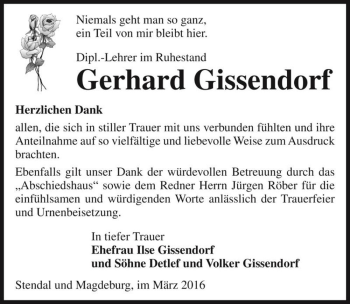 Traueranzeige von Gerhard Gissendorf  von Magdeburger Volksstimme