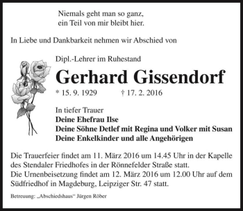 Traueranzeige von Gerhard Gissendorf  von Magdeburger Volksstimme