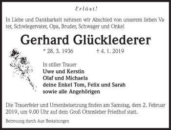 Traueranzeige von Gerhard Glücklederer  von Magdeburger Volksstimme