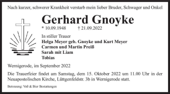 Traueranzeige von Gerhard Gnoyke  von Magdeburger Volksstimme