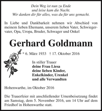 Traueranzeige von Gerhard Goldmann  von Magdeburger Volksstimme