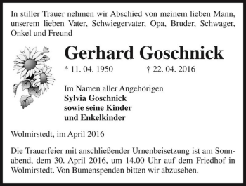 Traueranzeige von Gerhard Goschnick  von Magdeburger Volksstimme