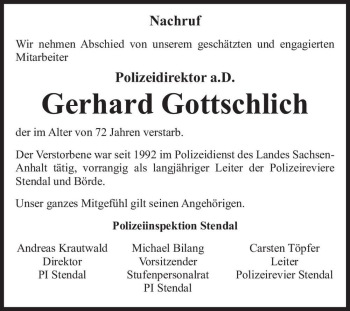 Traueranzeige von Gerhard Gottschlich  von Magdeburger Volksstimme