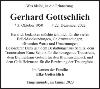 Traueranzeige von Gerhard Gottschlich  von Magdeburger Volksstimme