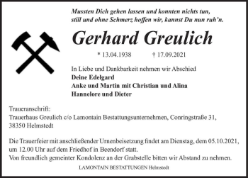 Traueranzeige von Gerhard Greulich  von Magdeburger Volksstimme