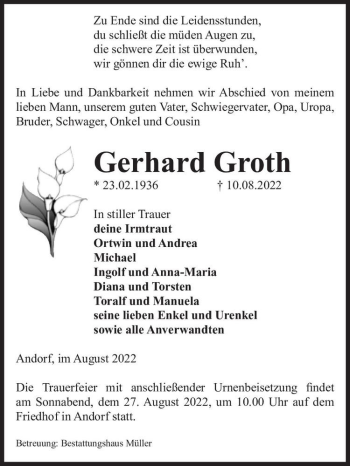 Traueranzeige von Gerhard Groth  von Magdeburger Volksstimme