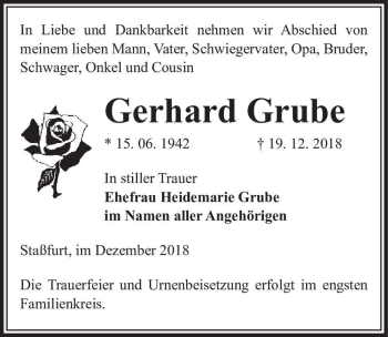 Traueranzeige von Gerhard Grube  von Magdeburger Volksstimme