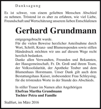 Traueranzeige von Gerhard Grundmann  von Magdeburger Volksstimme