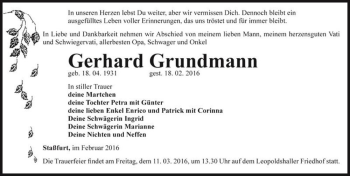 Traueranzeige von Gerhard Grundmann  von Magdeburger Volksstimme