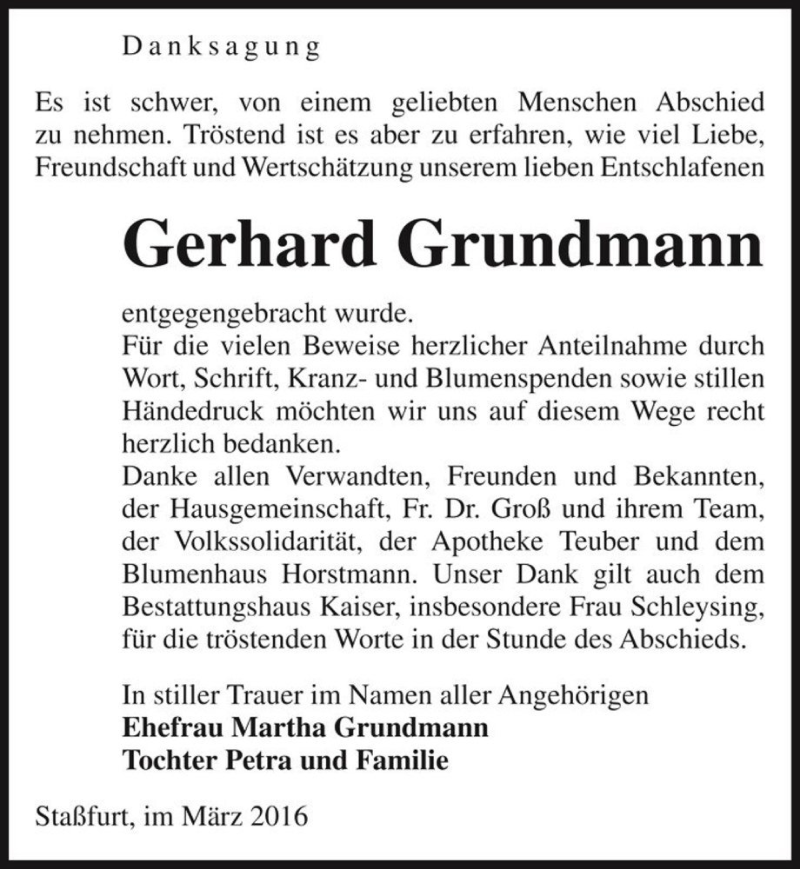  Traueranzeige für Gerhard Grundmann  vom 19.03.2016 aus Magdeburger Volksstimme